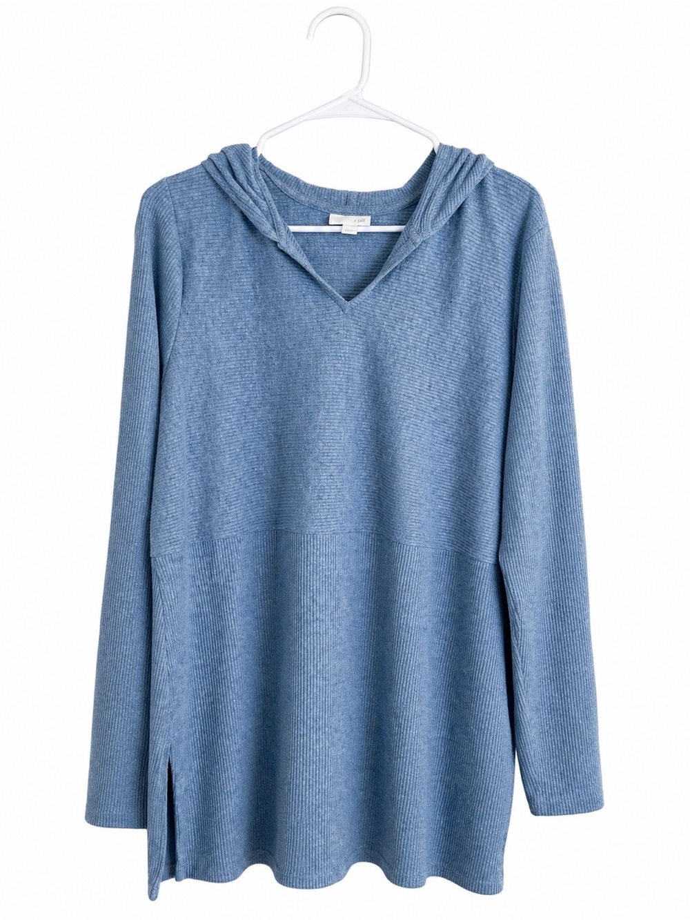 J. Jill Blue Ribbed Hooded Tunic Top Size L Soft Knit Casual Cozy